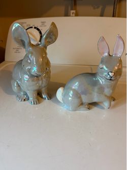 Vintage ceramic iridescent bunnies, great for the garden