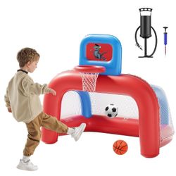 2-in-1 Inflatable Toddler Basketball Hoop & Soccer Goal Set, Indoor Outdoor Sports Center Toys for Kids