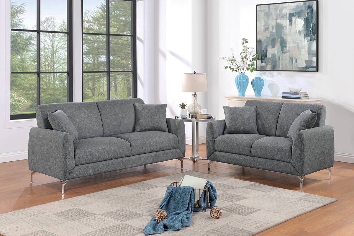 ✅️✅️2 pc dark gray polyfiber woven fabric sofa and love seat set with chrome legs✅️