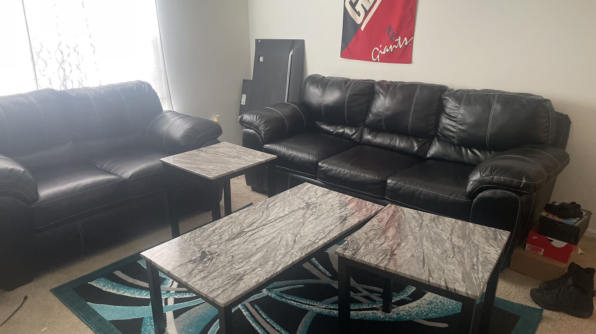 Black Leather Living Room Set W/Tables