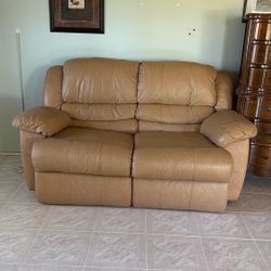 vintage tan leather double recliner couch 