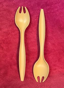 Vintage Tupperware Harvest Gold Salad Serving 12” Fork Set Sporks Like NEW!