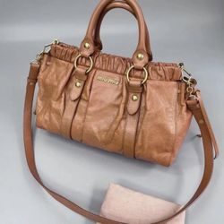 Miu Miu Tan Leather Style Satchel Bag With Strap & Gold Hardware