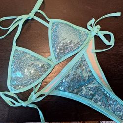 Aqua Sequin Bikini Set - Size M