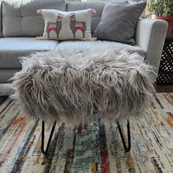 Grey Fuzzy Mid-Century Modern Ottoman