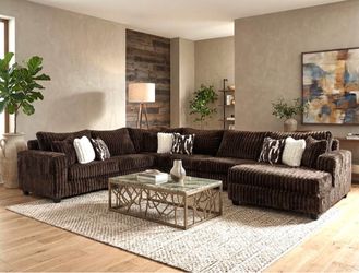 Large Brown Corduroy Sectional Sofa with Chaise