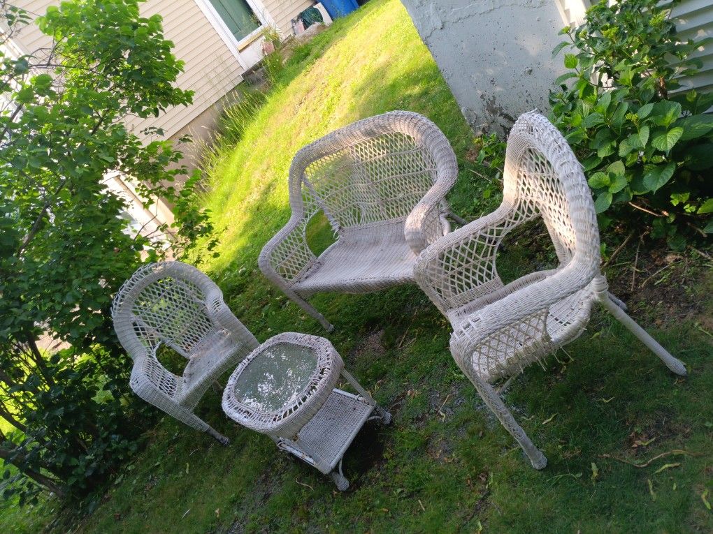 Patio White Wicker Two Chairs One Bench And Glass Table