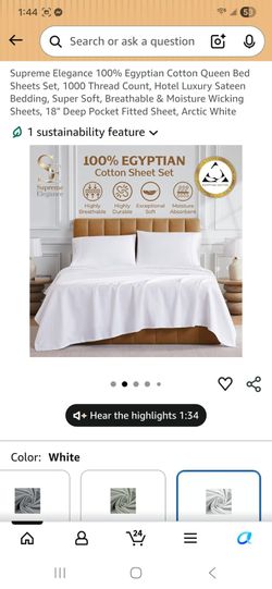 100% Egyptian Cotton 1000 Thread count 4 Piece Queen Bed Sheet Set - Silky Sateen, Deep Pocket, Super Soft & Breathable, White