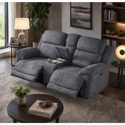 Gray Power Reclining Loveseat w/ Console – RETAIL $995 | NEW OPEN BOX | DELIVERY AVAILABLE