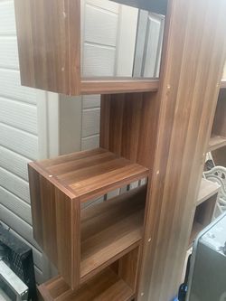 Tall Walnut Wood Bookshelf with Open Shelves