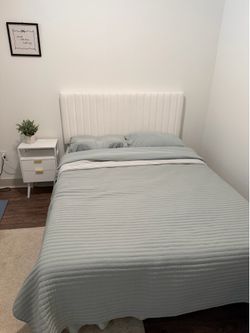 Full Size Upholstered Bed Frame – Modern White Velvet Headboard