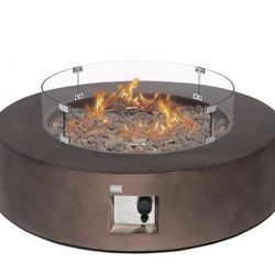 COSIEST Outdoor Propane Fire Pit Coffee Table w Bronze 42 inch Round Base Patio Heater, Certified, 50,000 BTU Stainless Steel Burner, Wind Guard, Tank