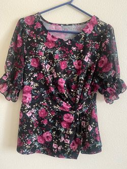 Black Floral Wrap Blouse with Ruffle Sleeves