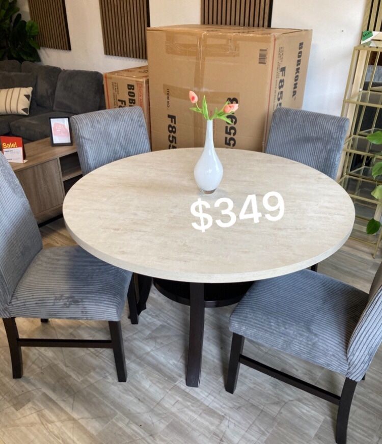 5-pc Dining Set ( Table + 4 Chairs) Grey Corduroy Fabric Upholstered Seats