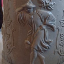 Antique German 1L Beer Stein High Relief Pottery stein Zur Erinnerung Inlay lid