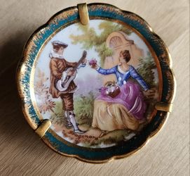 Vintage Limoges Miniature Gold Trim Plate Courting Couple Stand France