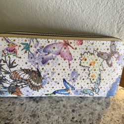 Women's Double-Zip Wallet in Beige with Butterfly Print