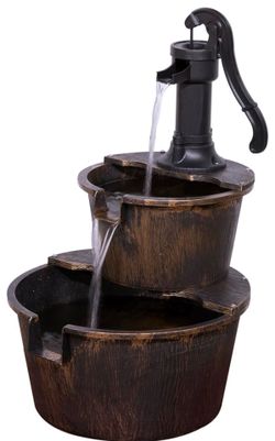 New Alpine Corporation 27" Tall Rustic Outdoor 2-Tier Barrel Pump Water Fountain with Soothing Cascading Water Flow for Patio, Yard, Porch, or Landsca