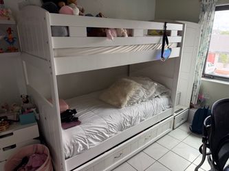 White Wood Bunk Bed with Drawers