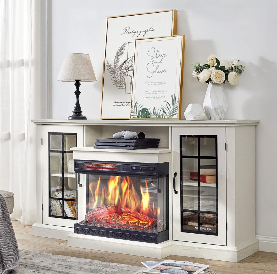 AMERLIFE 3-Sided Glass Fireplace TV Stand for TVs up to 65'' with 12 Color, Media Entertainment Center Console Table with Doors Closed Storage, Distre
