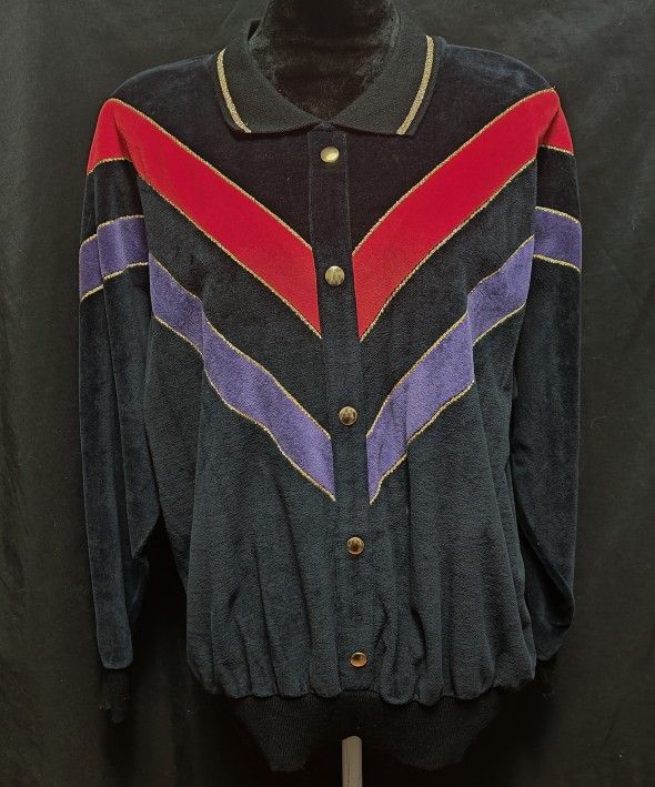 Vintage Jaclyn Sport Velour Track Sweater Chevron Stripe Design Sz L