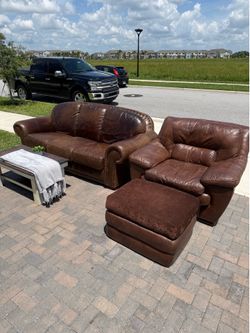 Real leather couch and chair with ottoman