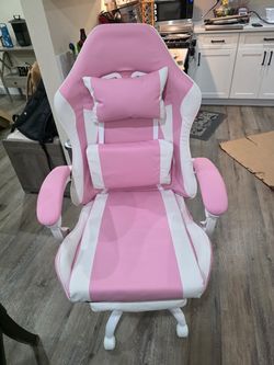 Pink and White Gaming Chair with Footrest