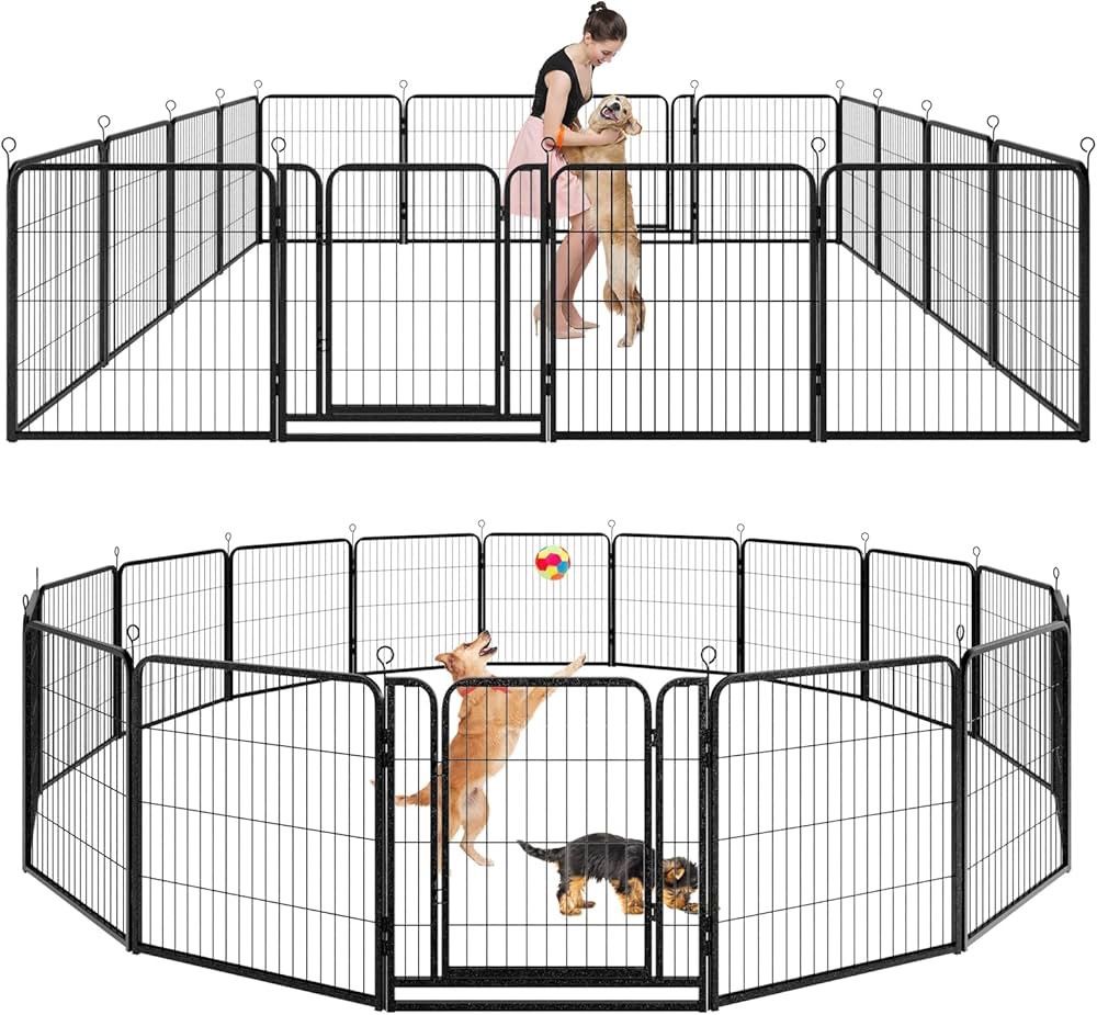 1347 Dog Playpen Outdoor Extra Wide 16 Piece Panels Heavy Duty Dog Fence 32" Height Anti-Rust with Doors Portable for RV Camping Yard, Total 42FT, 140