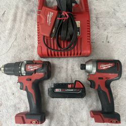 Clean MILWAUKEE 18V Brushless Drill Combo-w AC/DC Chrgr&Batt—1/2” Dr Driver & 1/4” Hex Impact