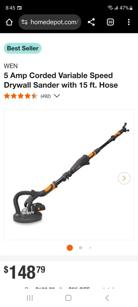 WEN Drywall Sander, Variable Speed with 15 ft. Hose (6369)