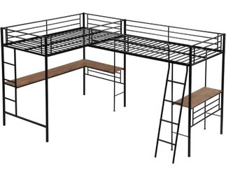 Twin Size L-Shaped Loft Bed with 2 Built-in Desks