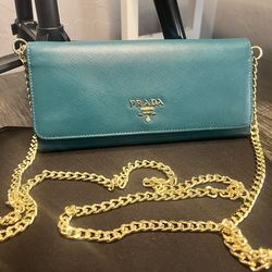 Prada Saffiano Wallet on Chain (WOC) – Teal/Blue w/ Gold Chain