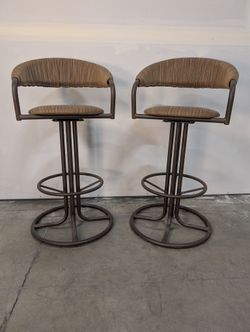 Pair of Swivel Upholstered Barstools with Dark Metal Frames