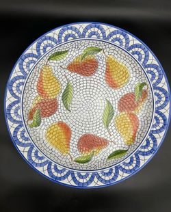 Vintage 16" CLAY ART Mosaic Pear Serving Bowl Hand Painted 2001 StoneLite Clay