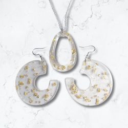 Handmade earrings and oval necklace set clear with gold flakes resin