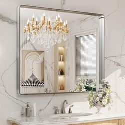 NIB Bathroom Mirror for Over Sink Brushed Nickel Beveled Frame 40" x 36" Rectangle Bathroom Vanity Wall Mirror, Tempered Glass, Stronger Frame, Modern