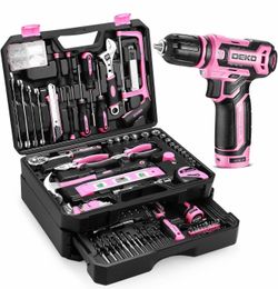 Pink Tool Kit Box Drill Set：DEKOPRO Home Mechanic Toolbox with 12V Power Cordless Drill Hand Repair Tools Sets Combo Kits Storage Organizer Drawer Cas