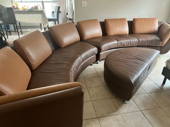 Brown Leather Curved Sectional Sofa with Ottoman