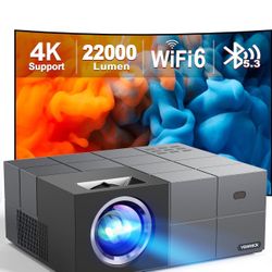 4K Projector with WiFi 6 and Bluetooth 5.3, 22000L Smart Movie Projector, Outdoor Phone Video Projector with 100" Screen, 50% Zoom/450" Display, Compa