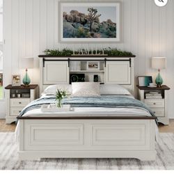 BOSHIRO Queen Size Bed Frame Including A Storage Bookcase Headboard with sliding barn doors and a built-in charging station.