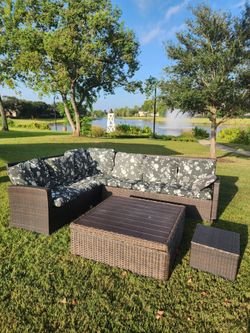 Luxury Outdoor Wicker Sectional Patio Set – Large Storage Coffee Table + Ottoman
