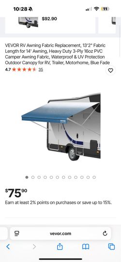 VEVOR RV Awning Fabric Replacement, 13'2" Fabric Length for 14' Awning, Heavy Duty 3-Ply 16oz PVC Camper Awning Fabric, Waterproof & UV Protection Out