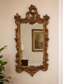 Vintage Ornate Hollywood Regency Gold Wall Mirror – 30” x 16” Decorative Accent Mirror