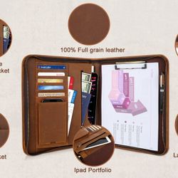 Fshsup Full Grain Leather Portfolio Planner Binder Zippered Padfolio Organizer for Men Women