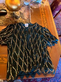Vintage Stenay Silk Sequin Beaded Blouse Green Gold Lined Women's Size XL 100%silk needs  some repair in front