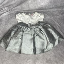 Gymboree Baby Dress 3-6 Mth Silver Silk Skirt Puff Sleeve Holiday Party Bow READ