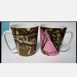 2 MOSSY OAK Camouflage Mugs BREAK-UP Infinity Over Pink Brown His & Hers