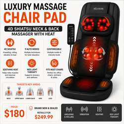 Brand New Luxury Massage Chair Pad: 4D Shiatsu Neck & Back Massager with Heat