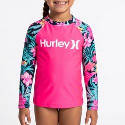 Hurley Girls Rash Guard Size 6X Hot Pink Floral Long Sleeve UPF 50+ Surf Swim Top