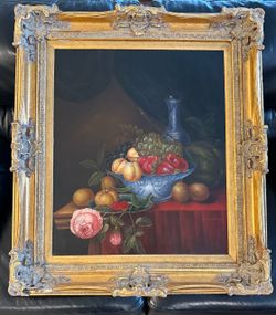 Old Master-Style Oil Painting, Dutch Fruit Still Life in Carved Gilt Frame, 28×32”